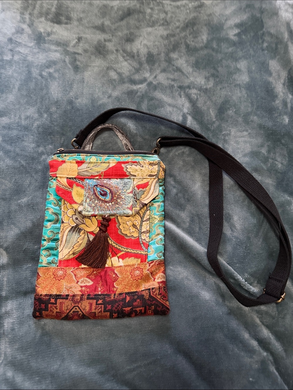 Boho Floral Patchwork Crossbody Bag in Red, Turquoise and Black